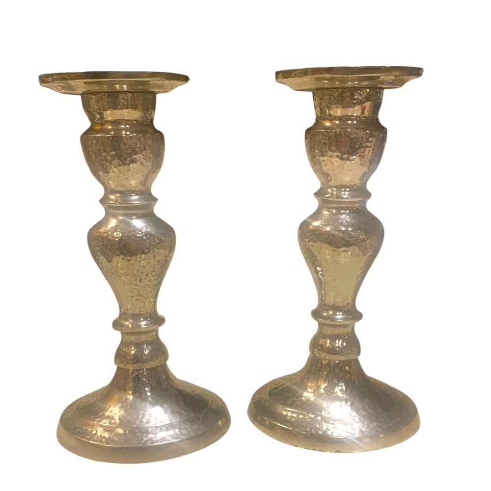 Hammered Metal Candlestick Holders Silver Set Of 2 Weighted 9” Tall x 5” Wide
